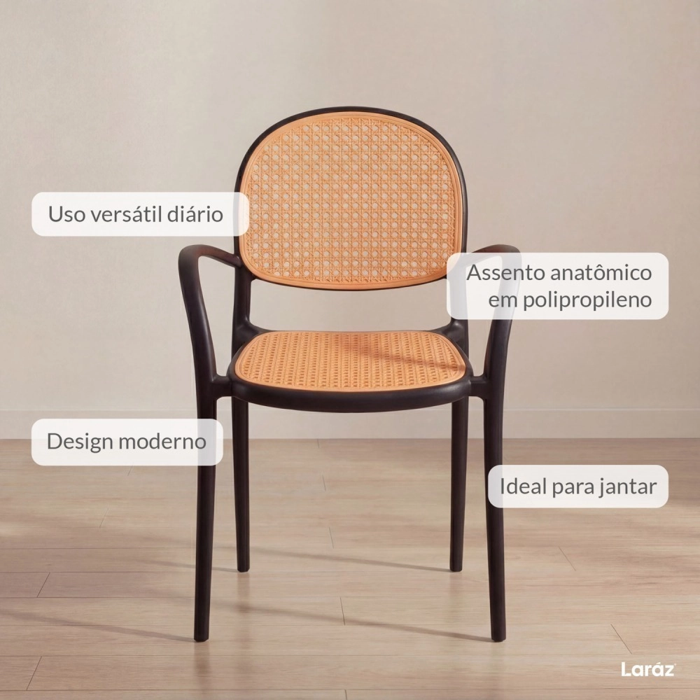 Kit com 6 Cadeiras de jantar Mumbai telinha com braços e design contemporâneo – Preta Kit com 6 Cadeiras de jantar Mumbai telinha com braços e design contemporâneo – Preta