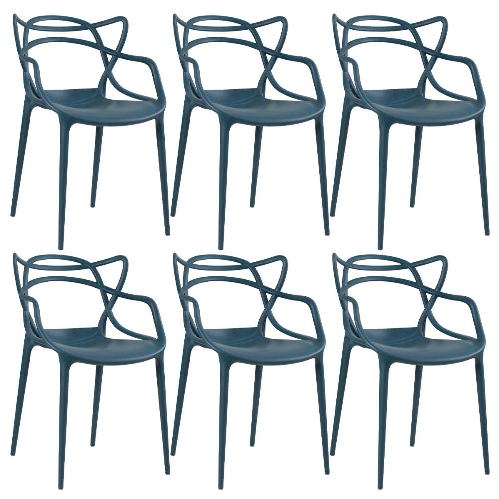 Kit com 6 Cadeiras Design Allegra Polipropileno Injetado Alta Densidade Empilhável Sala Cozinha Jantar Bar Jardim Varanda Azul Petróleo