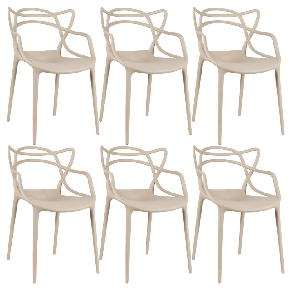 Kit com 6 Cadeiras Design Allegra Polipropileno Injetado Alta Densidade Empilhável Sala Cozinha Jantar Bar Jardim Varanda Nude Bege