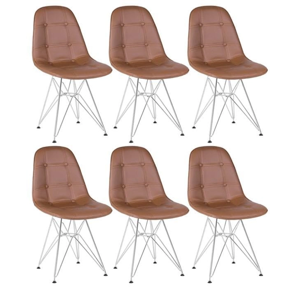 Kit com 6 Cadeiras estofadas Charles Eames Eiffel Botonê DKR com pés de metal cromado - Marrom