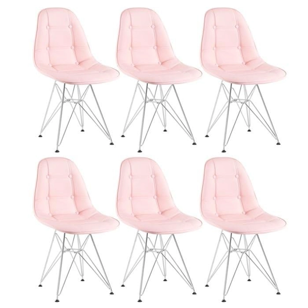 Kit com 6 Cadeiras estofadas Charles Eames Eiffel Botonê DKR com pés de metal cromado - Rosa claro