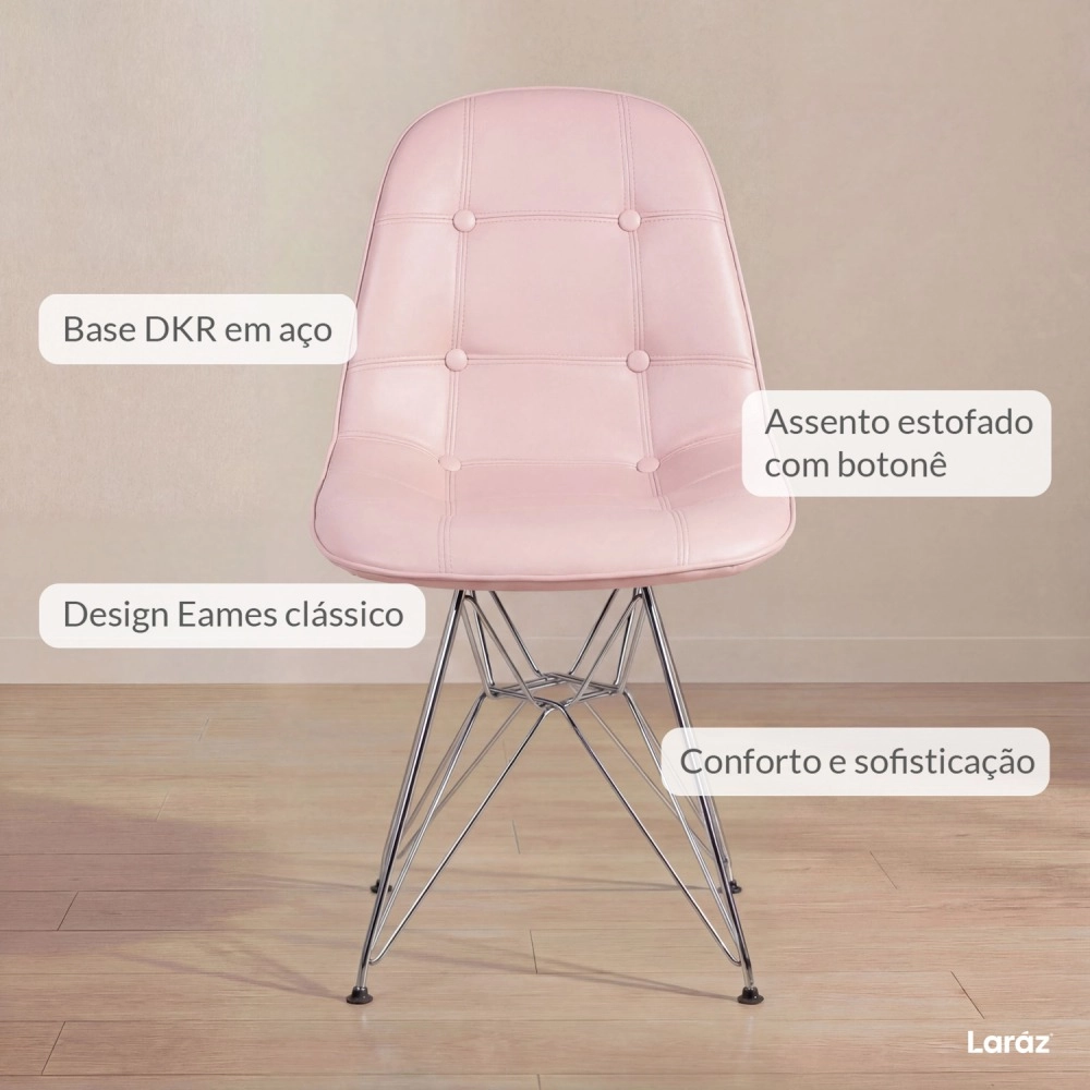 Kit com 6 Cadeiras estofadas Charles Eames Eiffel Botonê DKR com pés de metal cromado - Rosa claro