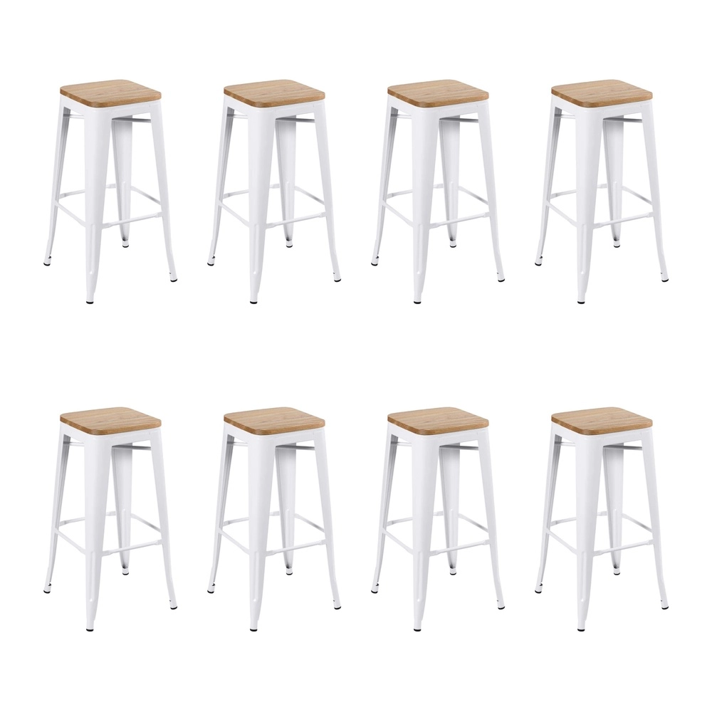 Kit com 8 Banquetas altas Iron Tolix com assento de madeira rústica clara 76 cm - Branco Kit com 8 Banquetas altas Iron Tolix com assento de madeira rústica clara 76 cm - Branco