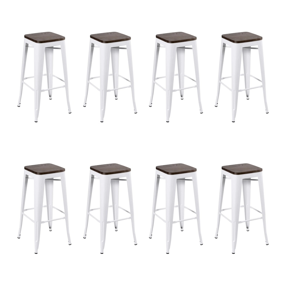 Kit com 8 Banquetas altas Iron Tolix com assento de madeira rústica escura - 76 cm - Branco Kit com 8 Banquetas altas Iron Tolix com assento de madeira rústica escura - 76 cm - Branco