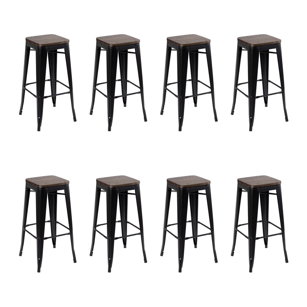 Kit com 8 Banquetas altas Iron Tolix com assento de madeira rústica escura - 76 cm - Preto