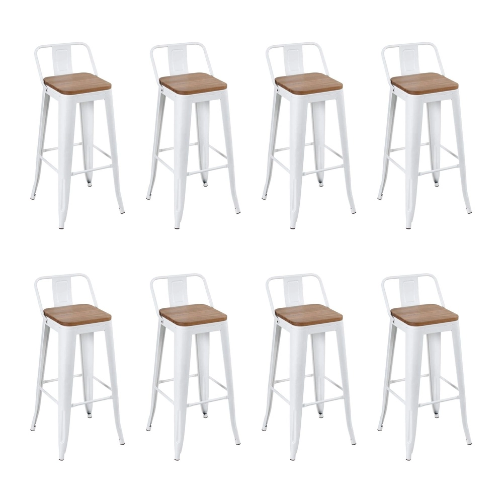 Kit com 8 Banquetas altas Iron Tolix com encosto e assento de madeira rústica clara 76 cm - Branco Kit com 8 Banquetas altas Iron Tolix com encosto e assento de madeira rústica clara 76 cm - Branco