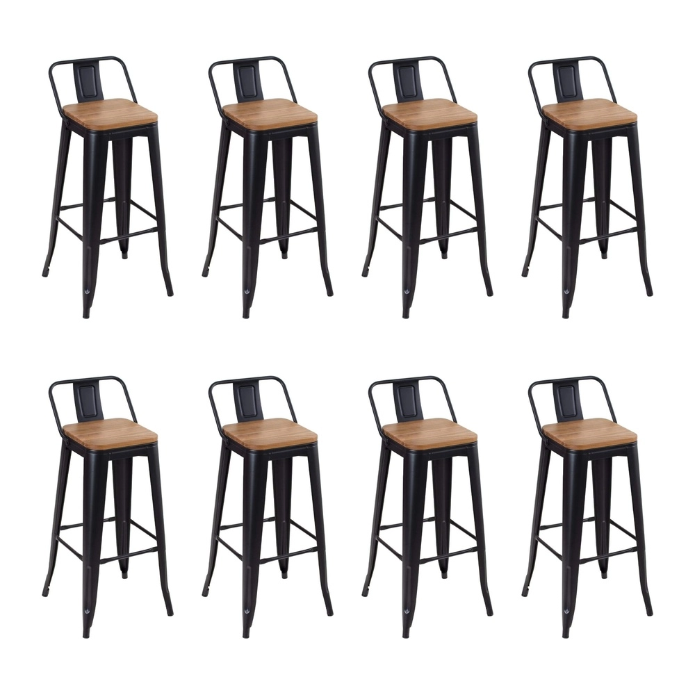 Kit com 8 Banquetas altas Iron Tolix com encosto e assento de madeira rústica clara 76 cm - Preto Kit com 8 Banquetas altas Iron Tolix com encosto e assento de madeira rústica clara 76 cm - Preto