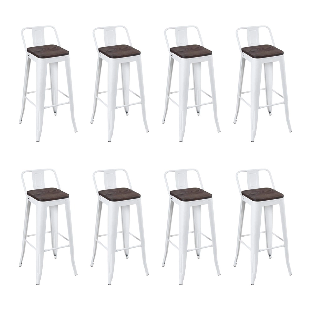 Kit com 8 Banquetas altas Iron Tolix com encosto e assento de madeira rústica escura - Branco