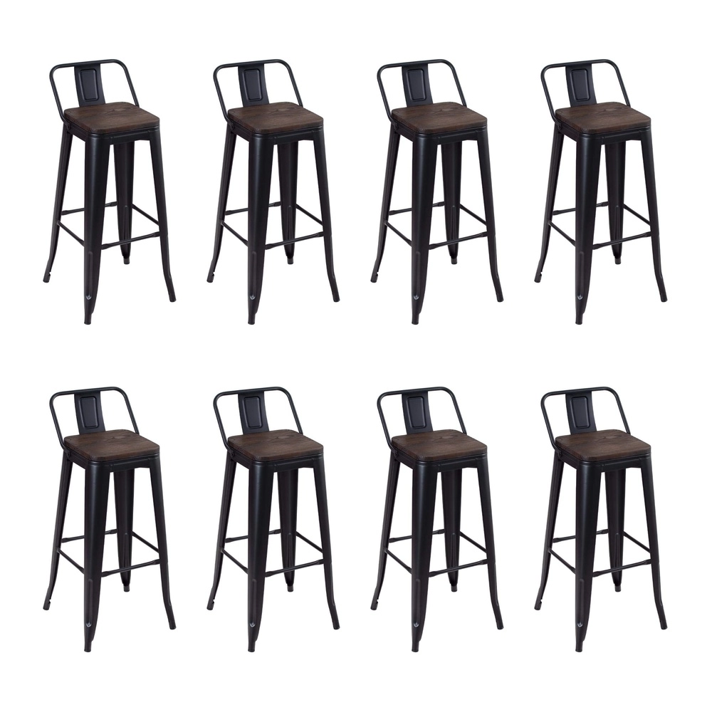 Kit com 8 Banquetas altas Iron Tolix com encosto e assento de madeira rústica escura - Preto Kit com 8 Banquetas altas Iron Tolix com encosto e assento de madeira rústica escura - Preto