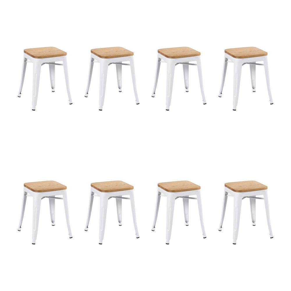 Kit com 8 Banquetas baixas Iron Tolix com assento de madeira rústica clara 45 cm - Branco Kit com 8 Banquetas baixas Iron Tolix com assento de madeira rústica clara 45 cm - Branco