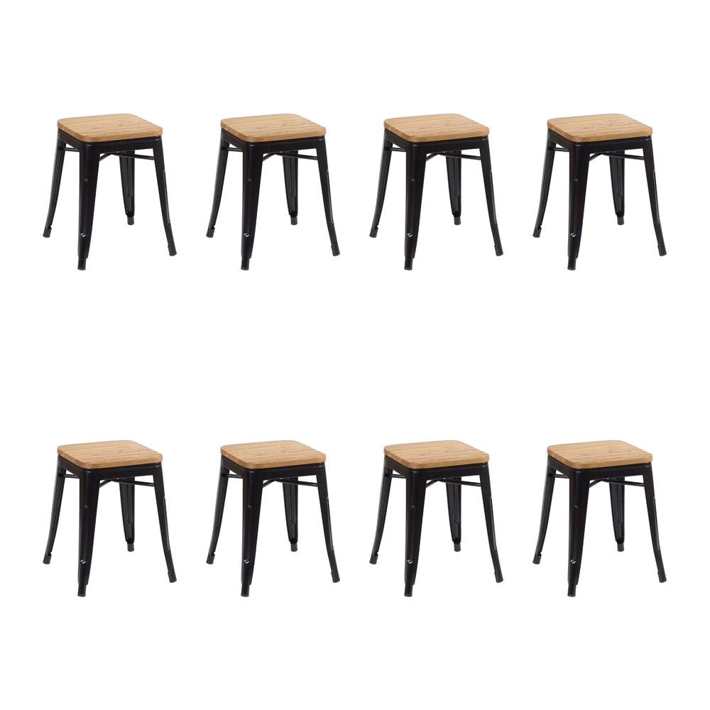 Kit com 8 Banquetas baixas Iron Tolix com assento de madeira rústica clara 45 cm - Preto