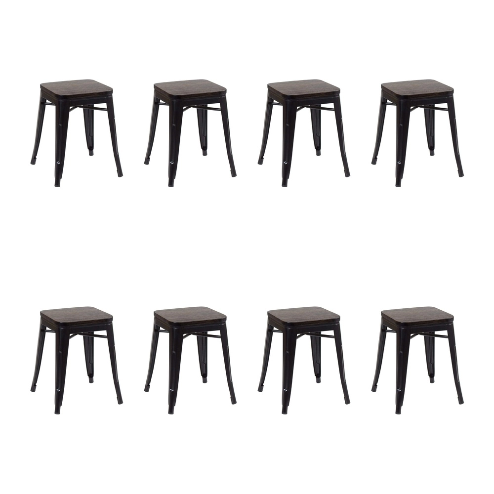 Kit com 8 Banquetas baixas Iron Tolix com assento de madeira rústica escura - Preto