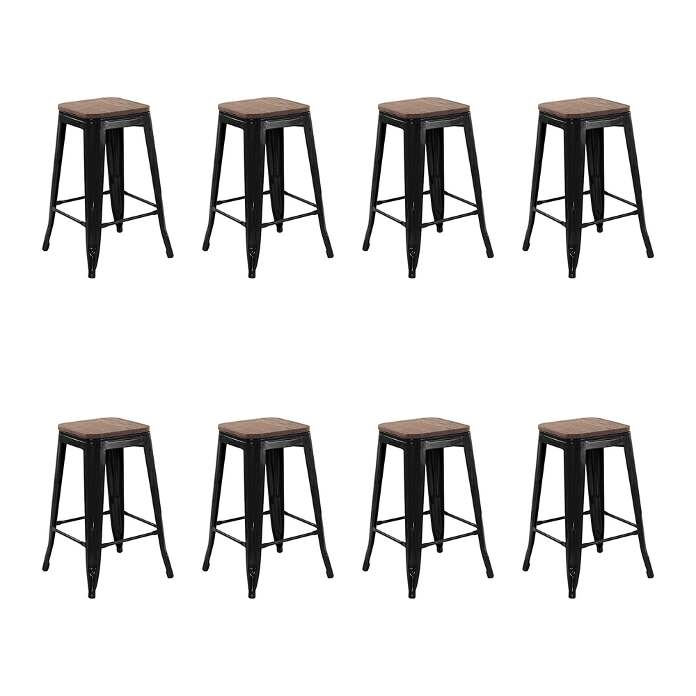 Kit com 8 Banquetas Iron Tolix com assento de madeira rústica escura - 66 cm - Preto Kit com 8 Banquetas Iron Tolix com assento de madeira rústica escura - 66 cm - Preto