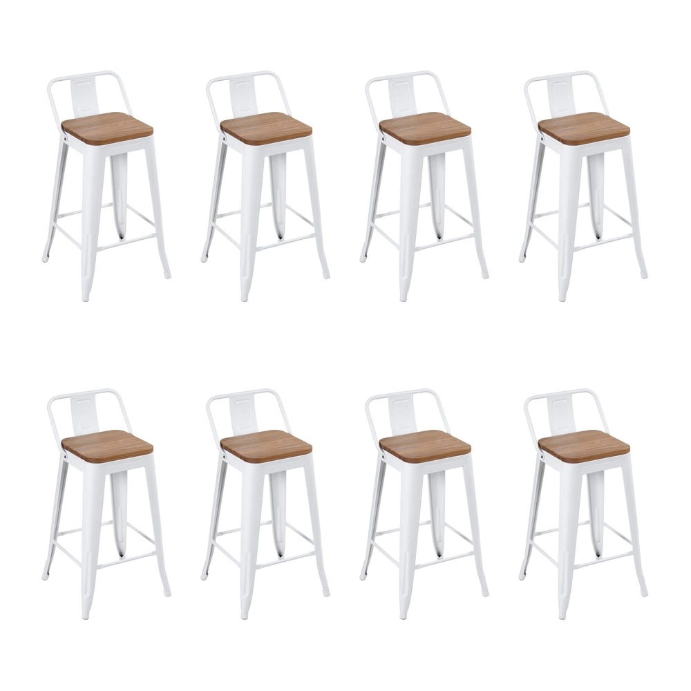 Kit com 8 Banquetas Iron Tolix com encosto e assento de madeira rústica clara 61 cm - Branco Kit com 8 Banquetas Iron Tolix com encosto e assento de madeira rústica clara 61 cm - Branco
