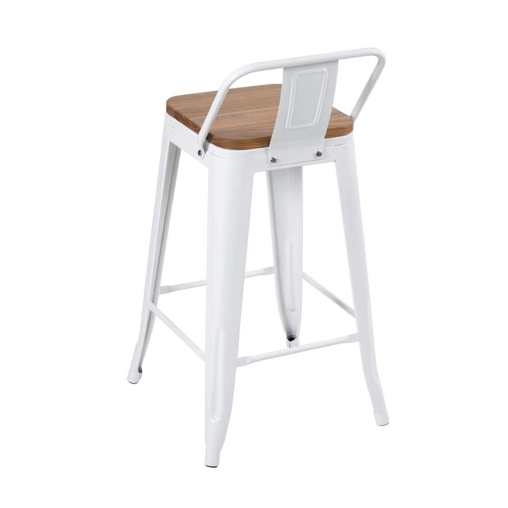 Kit com 8 Banquetas Iron Tolix com encosto e assento de madeira rústica clara 61 cm - Branco Kit com 8 Banquetas Iron Tolix com encosto e assento de madeira rústica clara 61 cm - Branco
