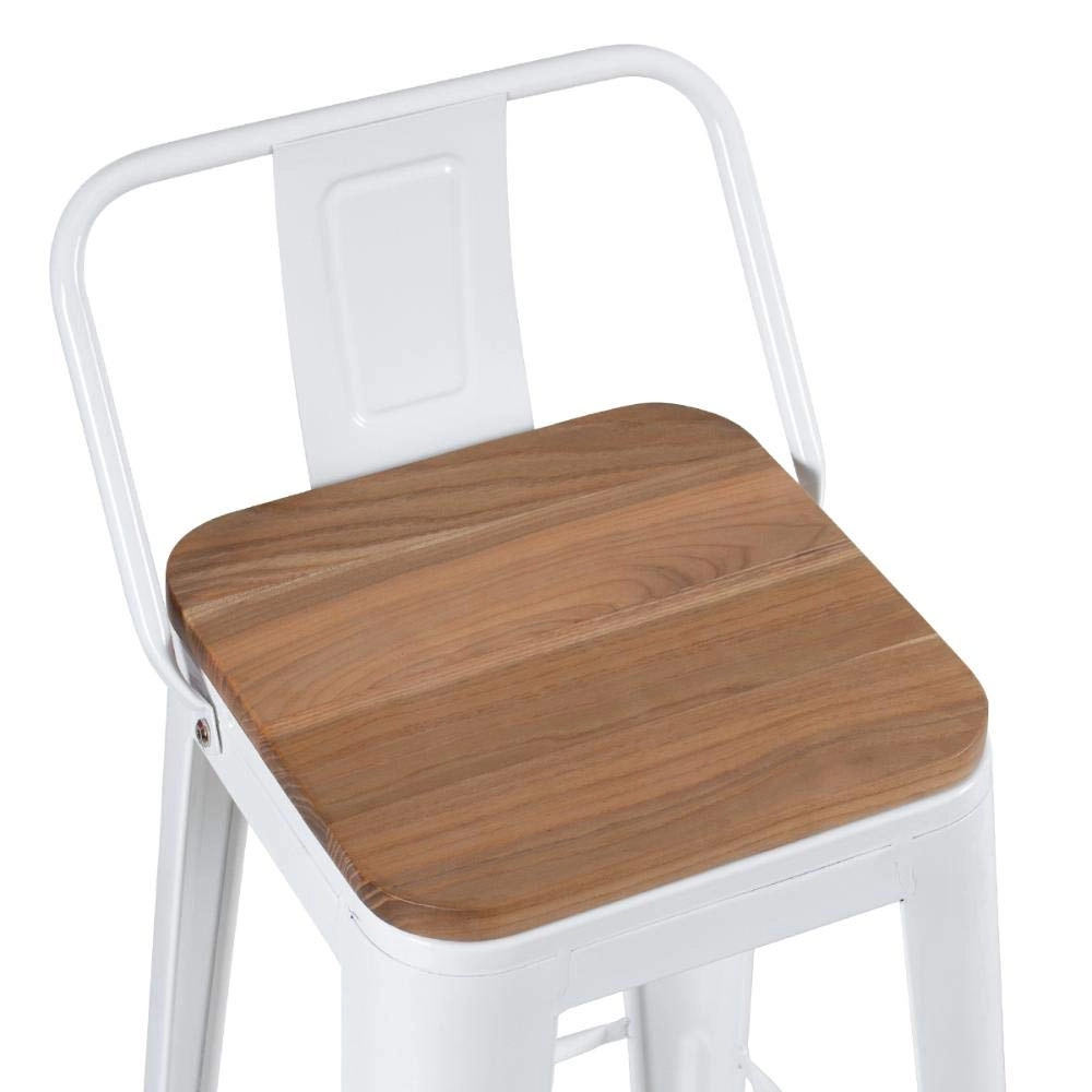 Kit com 8 Banquetas Iron Tolix com encosto e assento de madeira rústica clara 61 cm - Branco Kit com 8 Banquetas Iron Tolix com encosto e assento de madeira rústica clara 61 cm - Branco