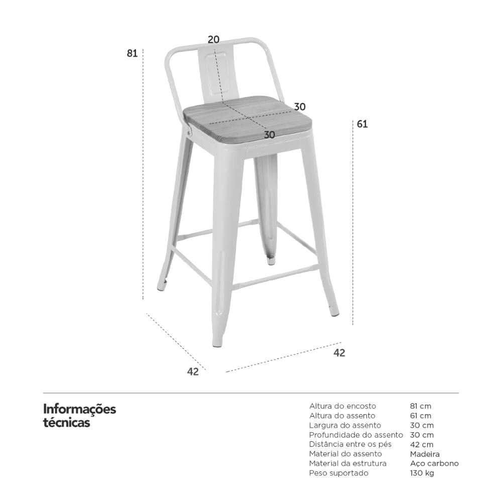 Kit com 8 Banquetas Iron Tolix com encosto e assento de madeira rústica escura Kit 61 cm Kit Branco Kit com 8 Banquetas Iron Tolix com encosto e assento de madeira rústica escura Kit 61 cm Kit Branco
