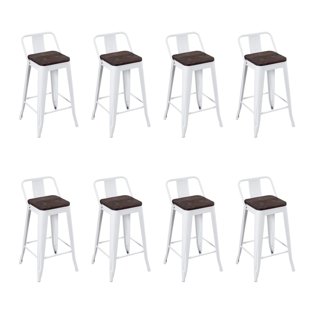 Kit com 8 Banquetas Iron Tolix com encosto e assento de madeira rústica escura Kit 66 cm Kit Branco