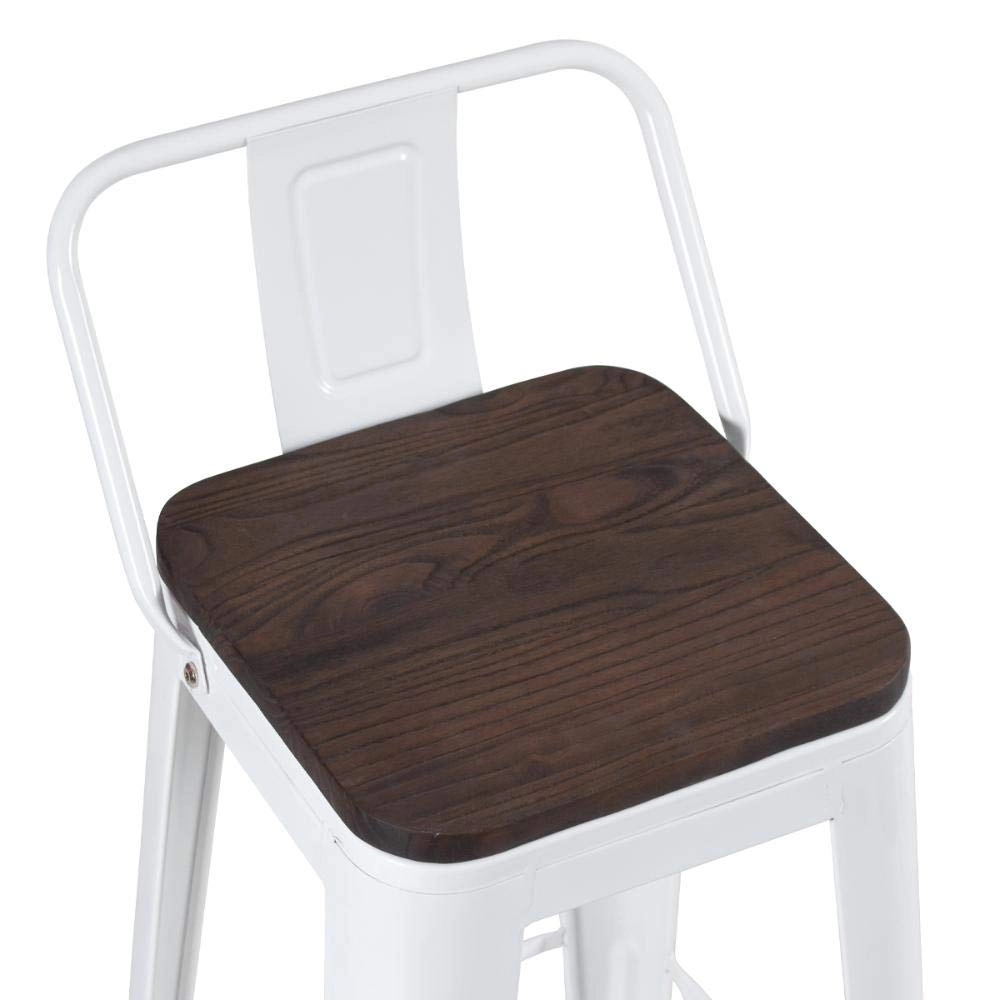 Kit com 8 Banquetas Iron Tolix com encosto e assento de madeira rústica escura Kit 66 cm Kit Branco