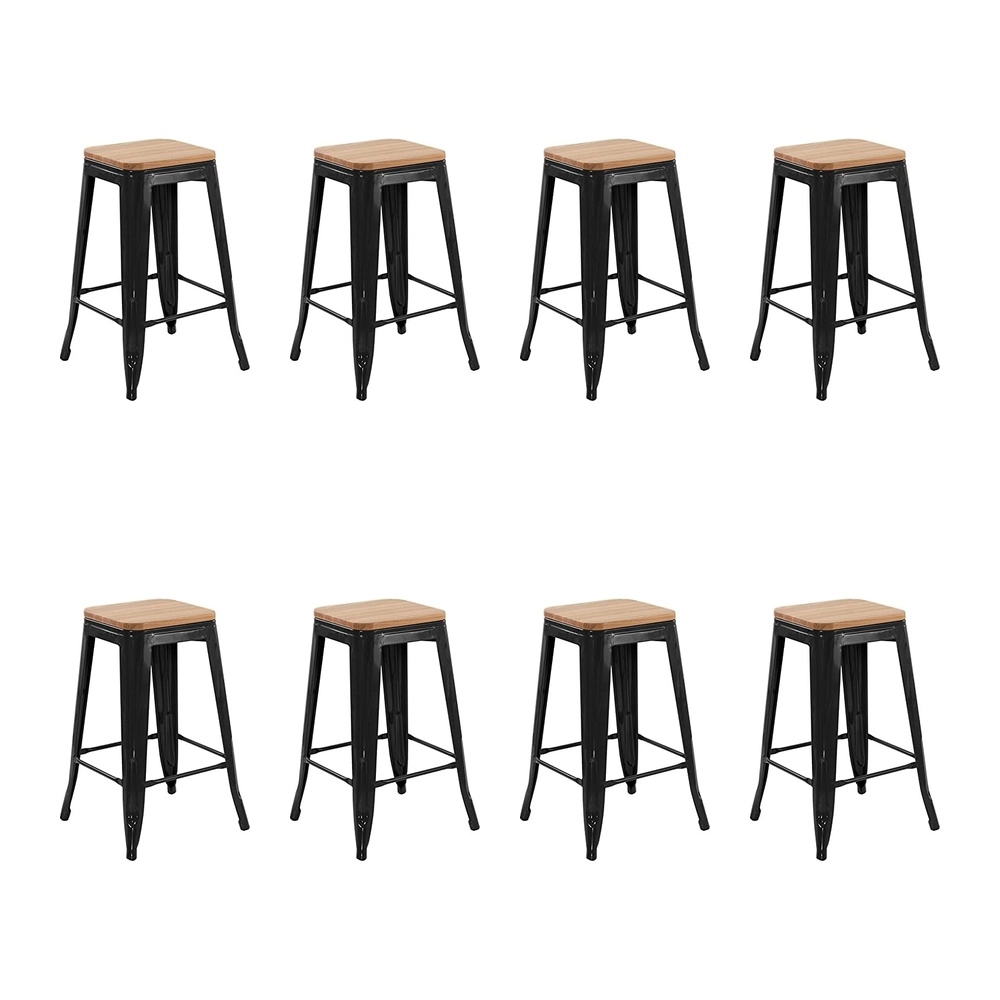 Kit com 8 Banquetas médias Iron Tolix com assento de madeira rústica clara 66 cm - Preto