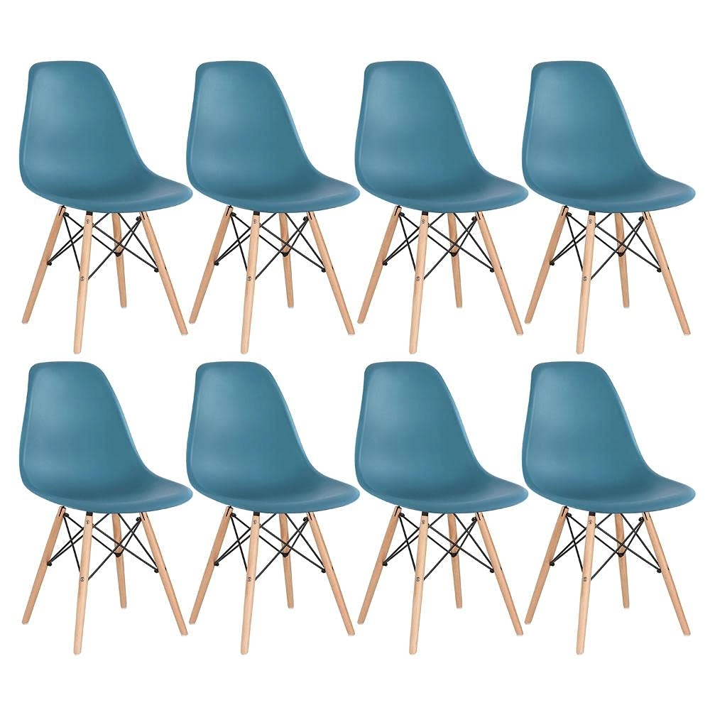 Kit com 8 Cadeiras Charles Eames Eiffel DSW em Polipropileno com Base Madeira - Turquesa
