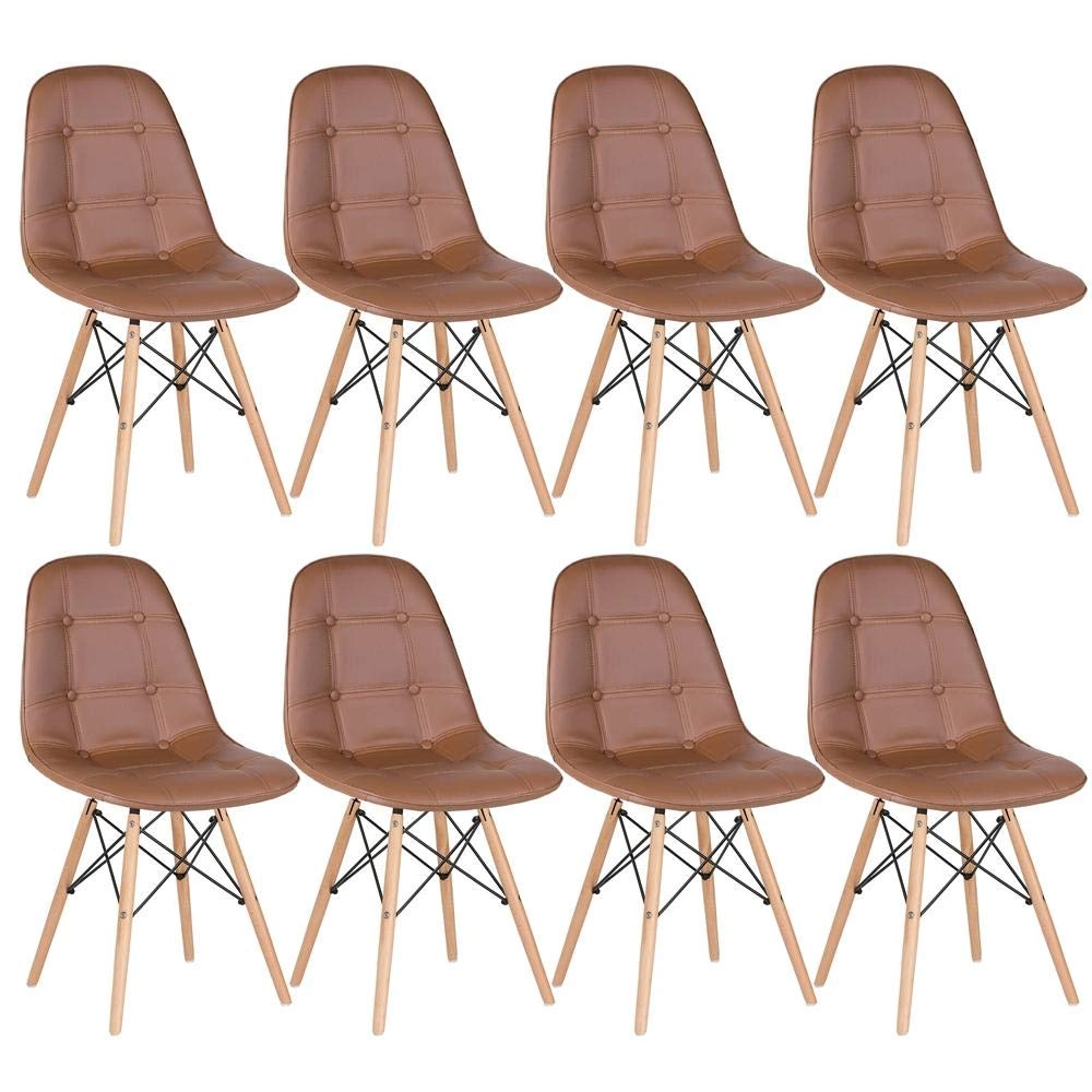Kit com 8 Cadeiras de jantar Charles Eames Eiffel Botonê Estofada - Marrom