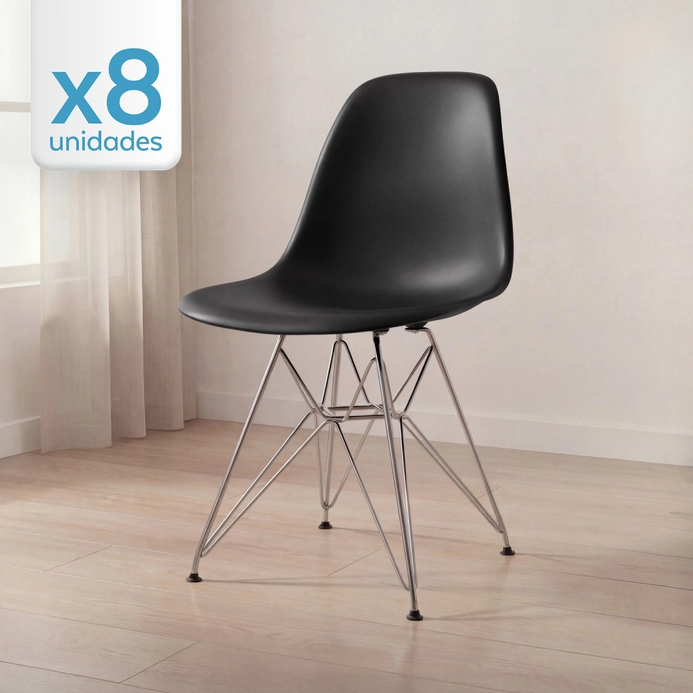 Kit com 8 Cadeiras de jantar Charles Eames Eiffel DKR em Polipropileno - Preto
