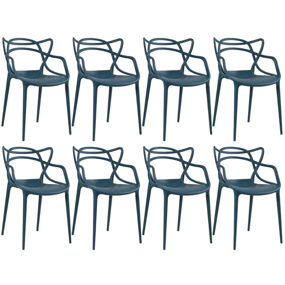 Kit com 8 Cadeiras Design Allegra Polipropileno Injetado Alta Densidade Empilhável Sala Cozinha Jantar Bar Jardim Varanda Azul Petróleo