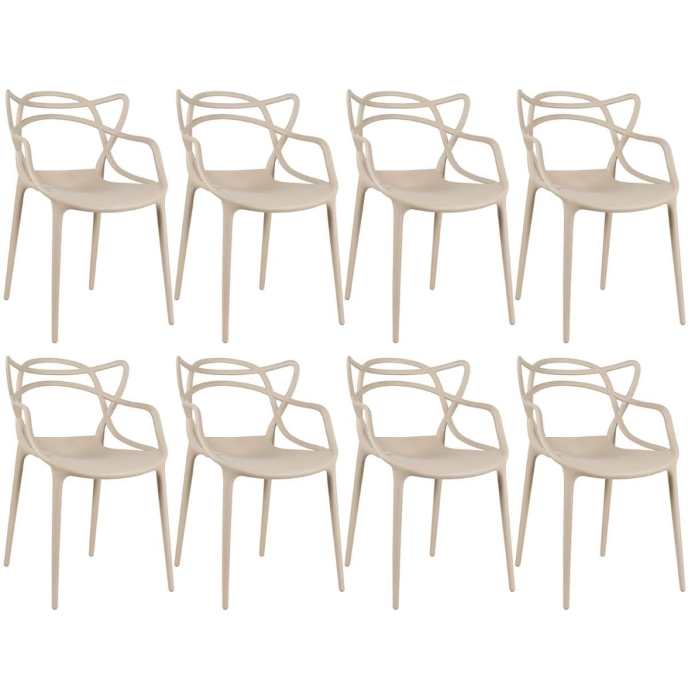Kit com 8 Cadeiras Design Allegra Polipropileno Injetado Alta Densidade Empilhável Sala Cozinha Jantar Bar Jardim Varanda Nude Bege