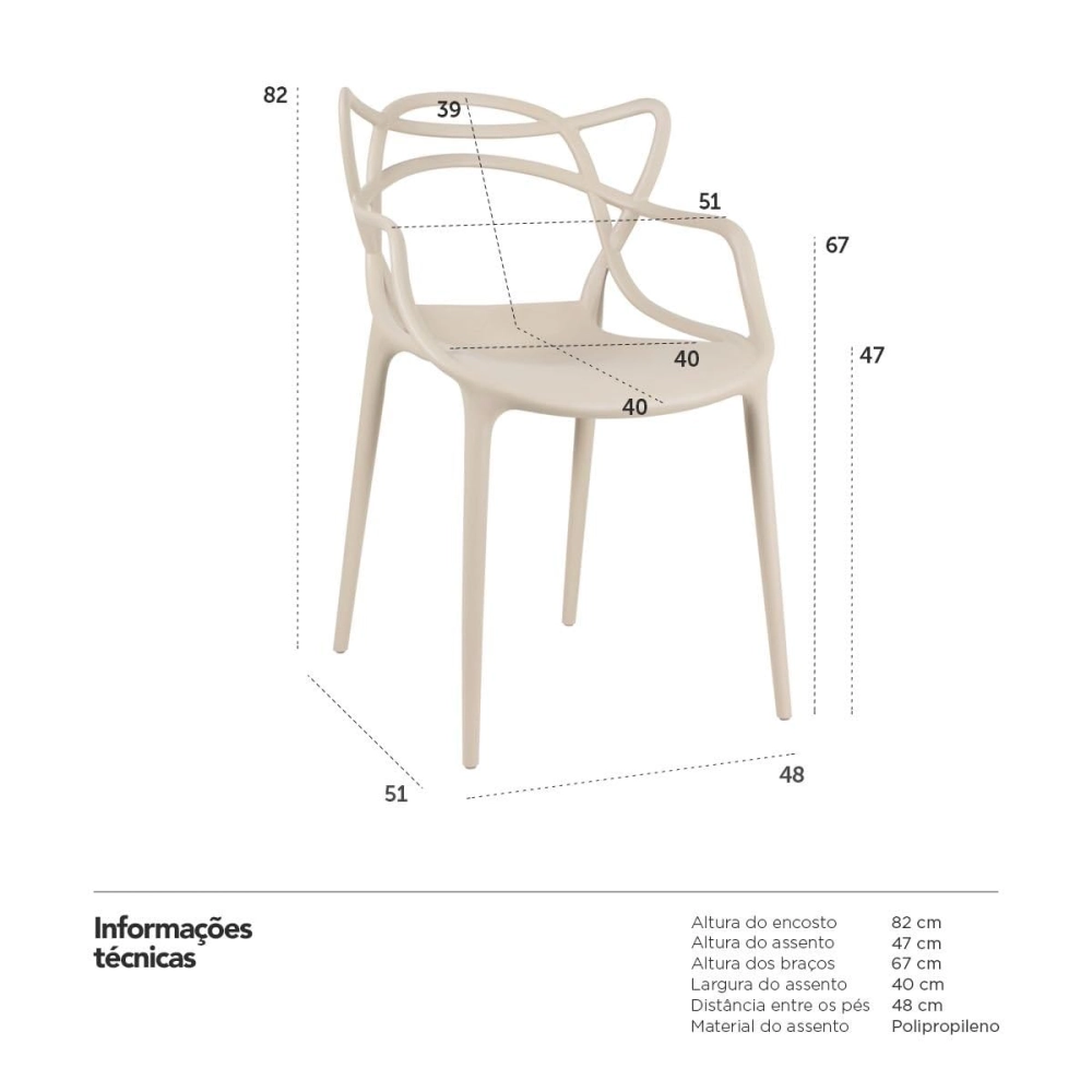 Kit com 8 Cadeiras Design Allegra Polipropileno Injetado Alta Densidade Empilhável Sala Cozinha Jantar Bar Jardim Varanda Nude Bege