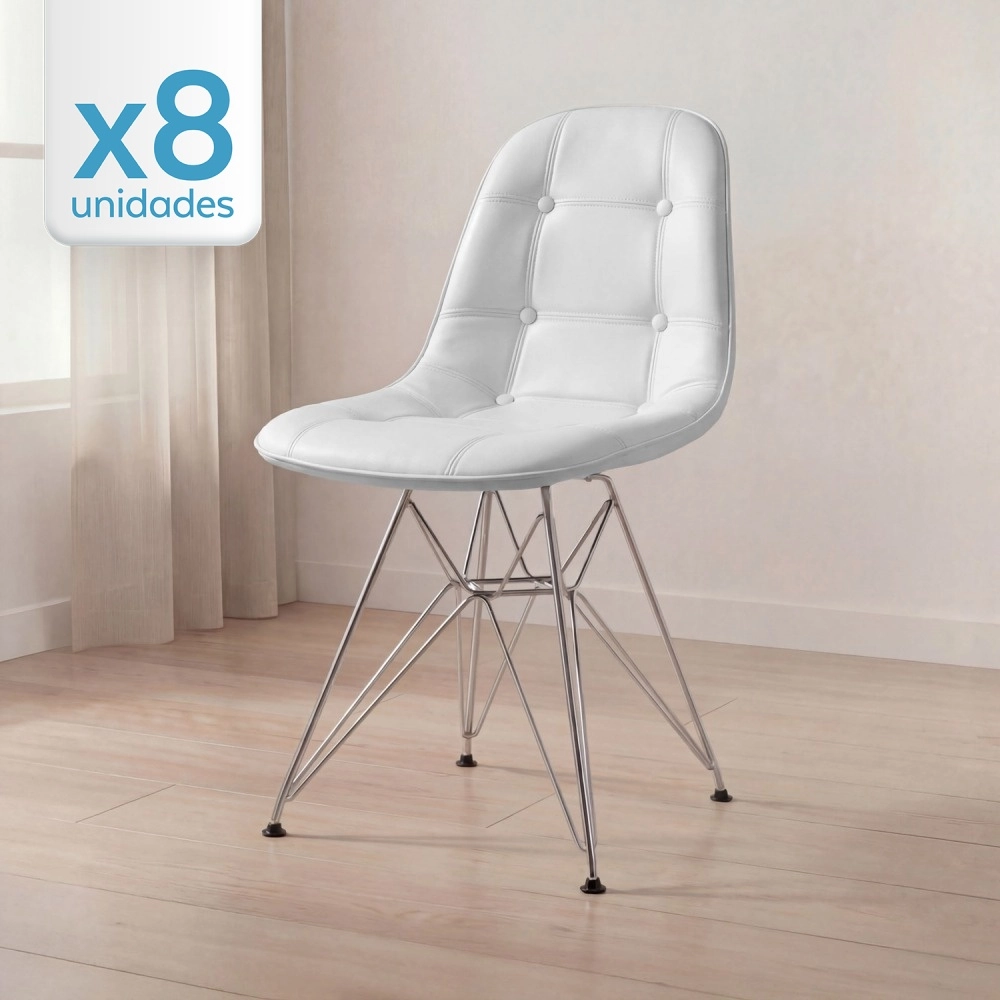 Kit com 8 Cadeiras estofadas Charles Eames Eiffel Botonê DKR com pés de metal cromado - Cinza claro Kit com 8 Cadeiras estofadas Charles Eames Eiffel Botonê DKR com pés de metal cromado - Cinza claro