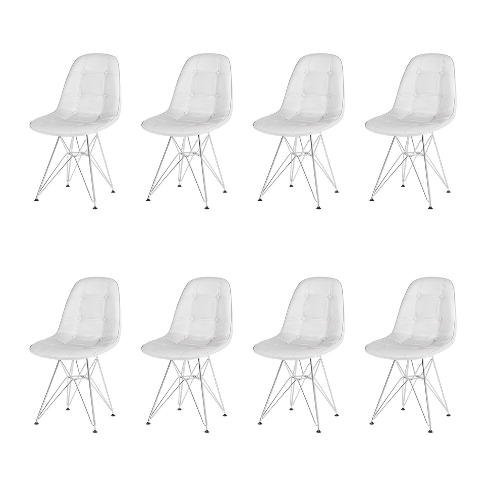 Kit com 8 Cadeiras estofadas Charles Eames Eiffel Botonê DKR com pés de metal cromado - Cinza claro Kit com 8 Cadeiras estofadas Charles Eames Eiffel Botonê DKR com pés de metal cromado - Cinza claro