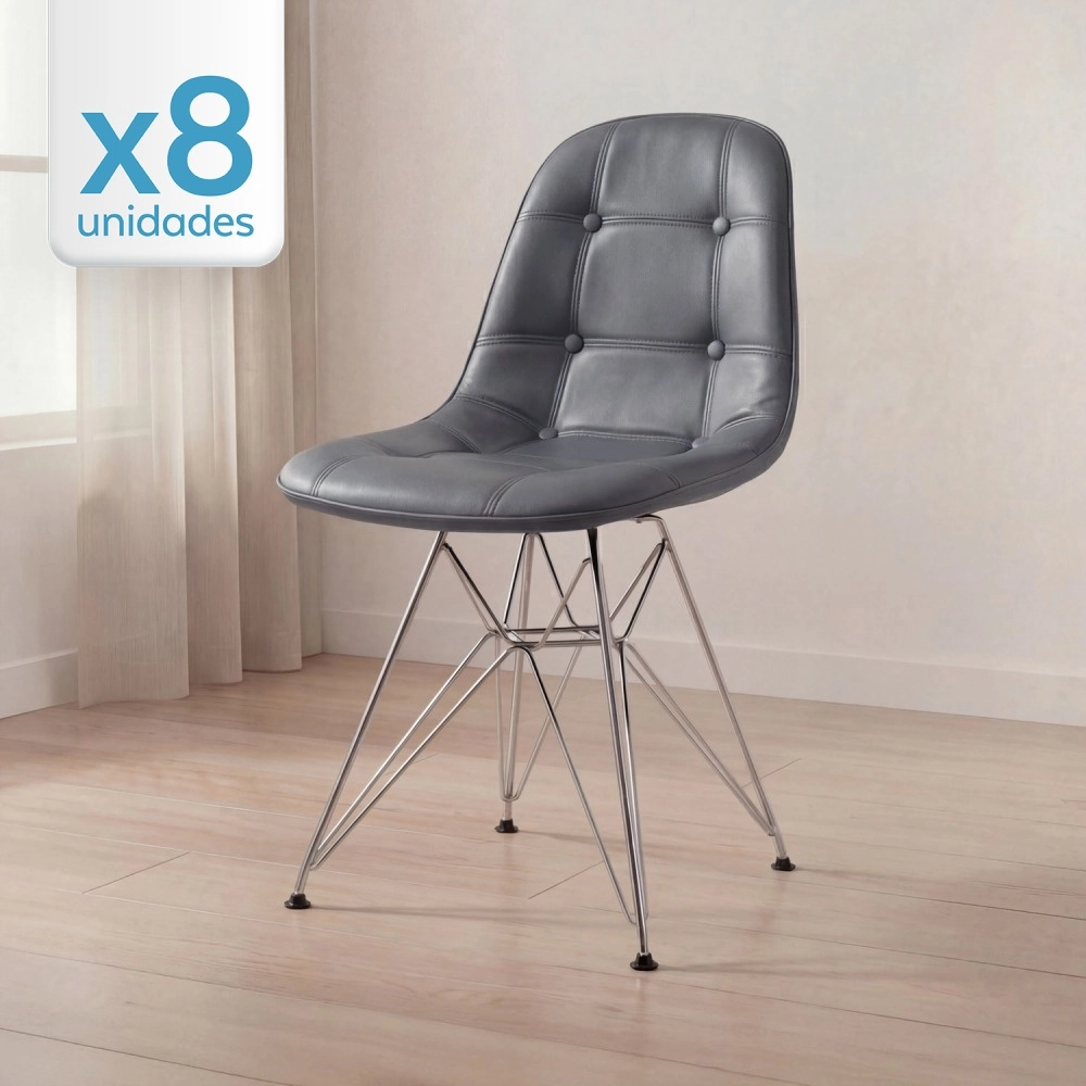 Kit com 8 Cadeiras estofadas Charles Eames Eiffel Botonê DKR com pés de metal cromado - Cinza escuro