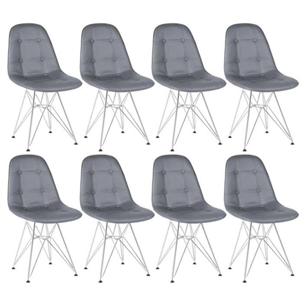 Kit com 8 Cadeiras estofadas Charles Eames Eiffel Botonê DKR com pés de metal cromado - Cinza escuro