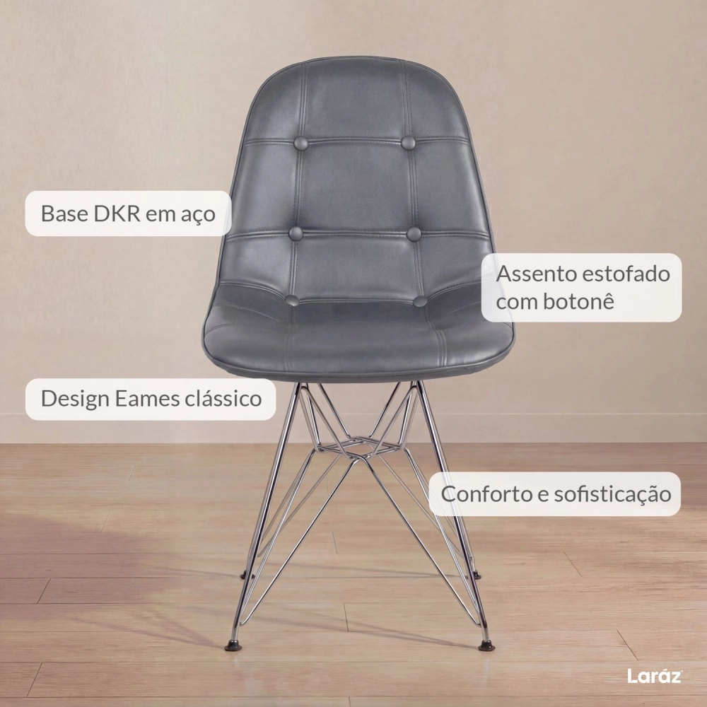 Kit com 8 Cadeiras estofadas Charles Eames Eiffel Botonê DKR com pés de metal cromado - Cinza escuro