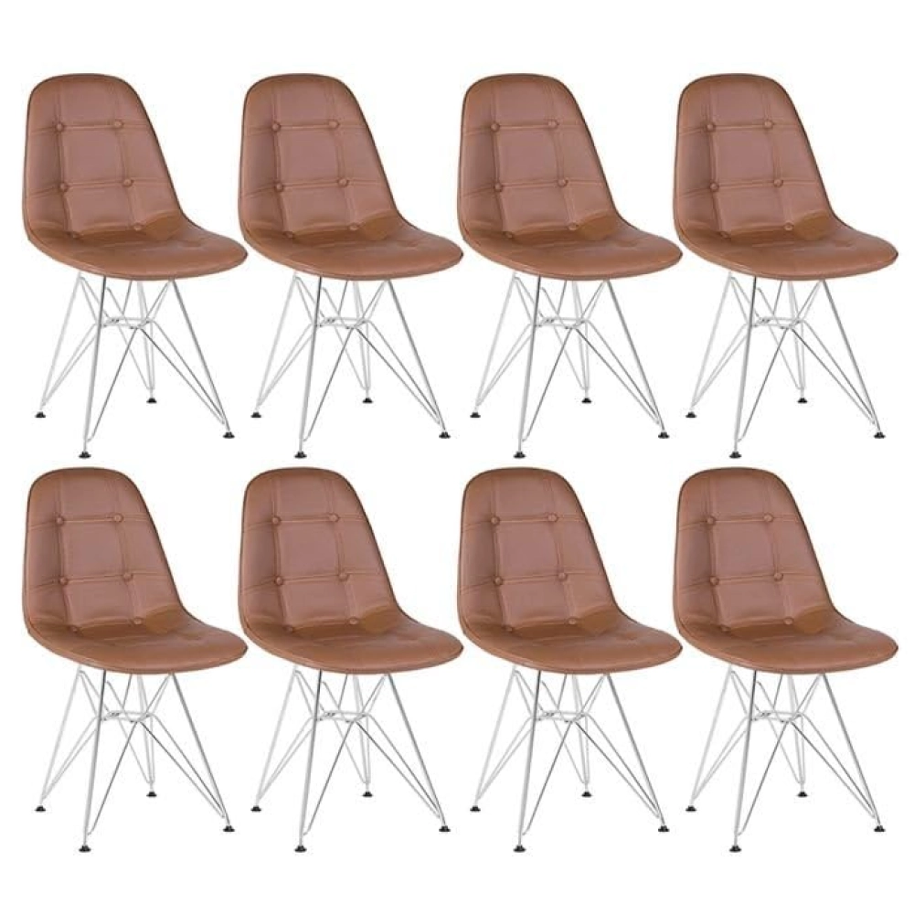 Kit com 8 Cadeiras estofadas Charles Eames Eiffel Botonê DKR com pés de metal cromado - Marrom