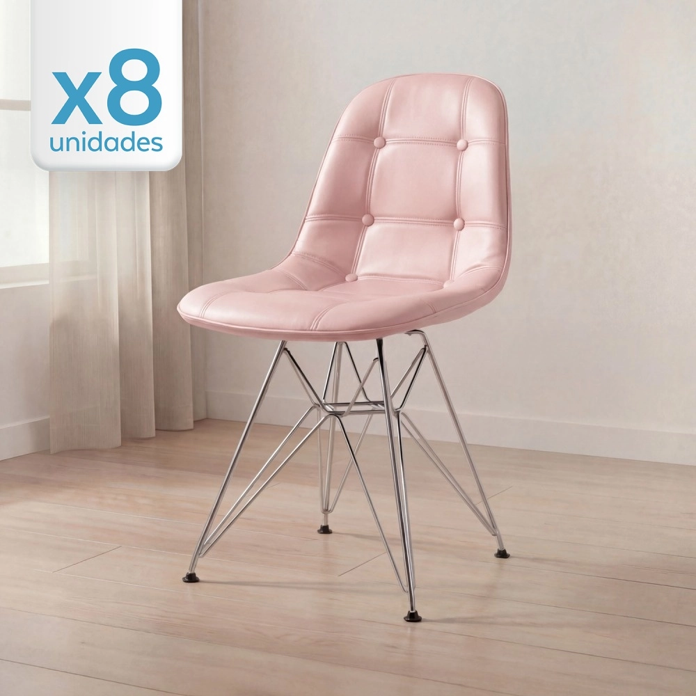 Kit com 8 Cadeiras estofadas Charles Eames Eiffel Botonê DKR com pés de metal cromado - Rosa claro