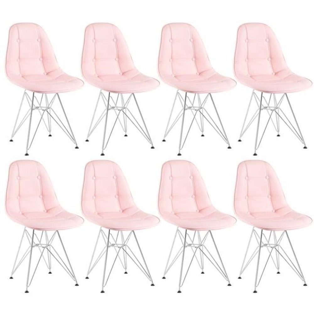 Kit com 8 Cadeiras estofadas Charles Eames Eiffel Botonê DKR com pés de metal cromado - Rosa claro