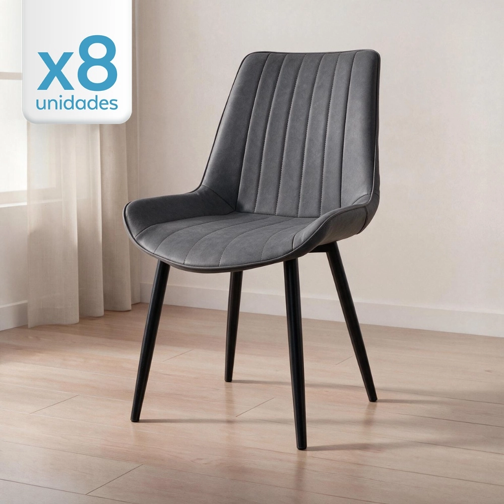 Kit com 8 Cadeiras estofadas Chicago com design industrial - Cinza Vintage