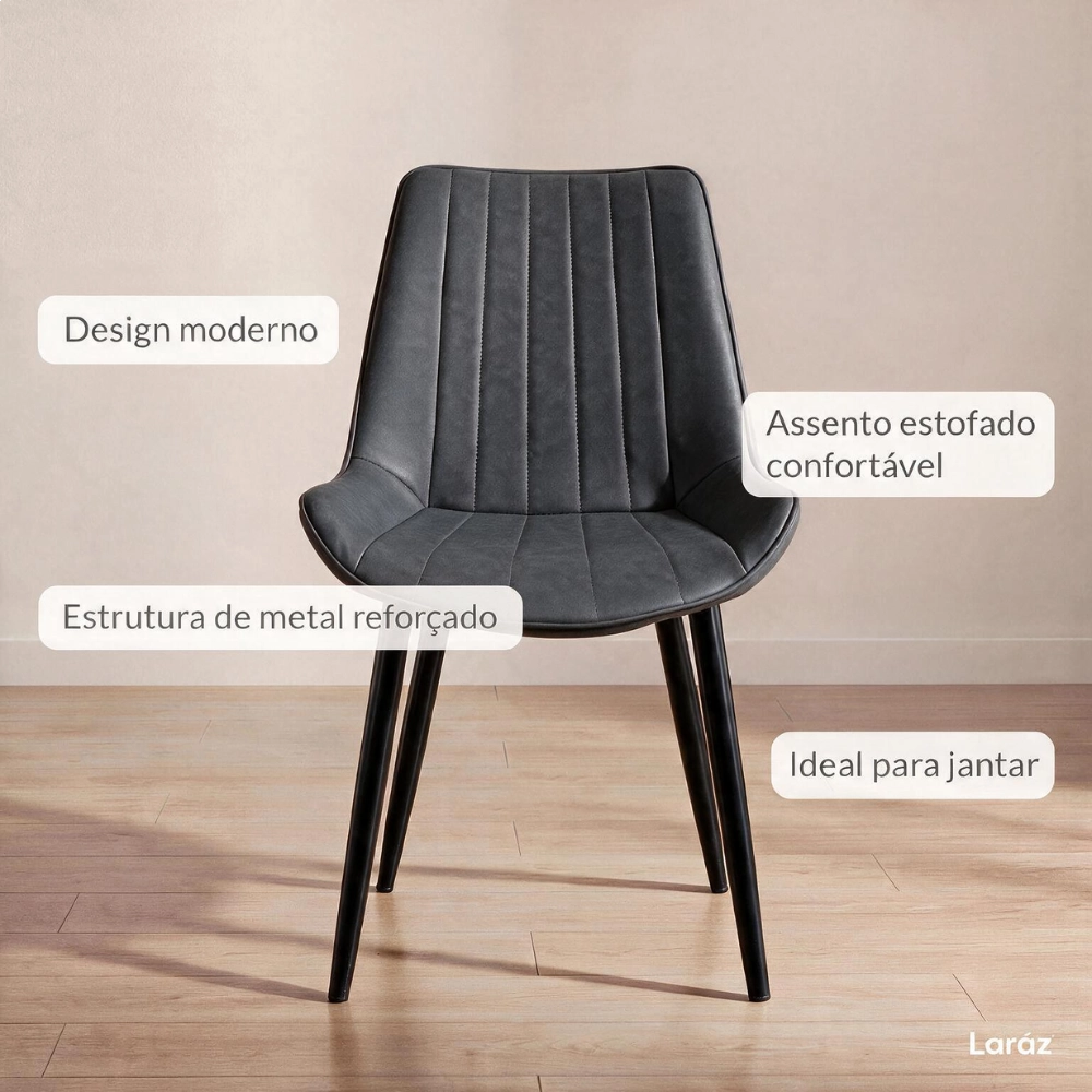 Kit com 8 Cadeiras estofadas Chicago com design industrial - Cinza Vintage