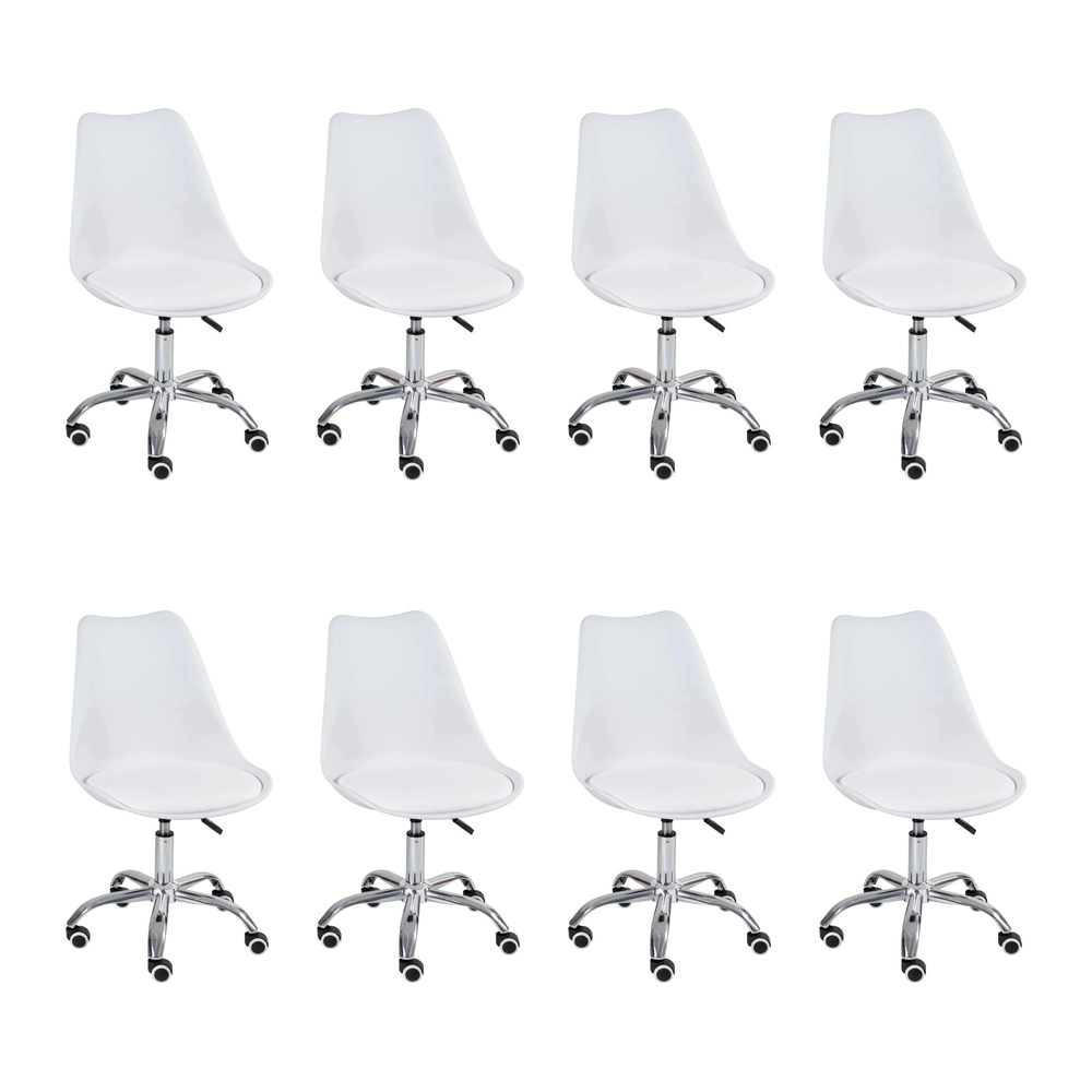 Kit com 8 Cadeiras Tulipa para Escritório com rodízios e assento estofado - Branco