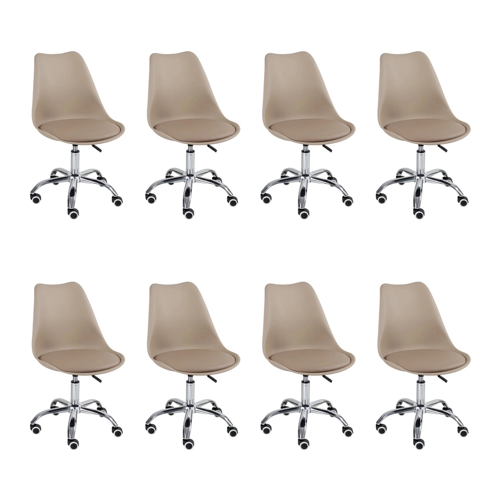 Kit com 8 Cadeiras Tulipa para Escritório com rodízios e assento estofado – Nude Kit com 8 Cadeiras Tulipa para Escritório com rodízios e assento estofado – Nude