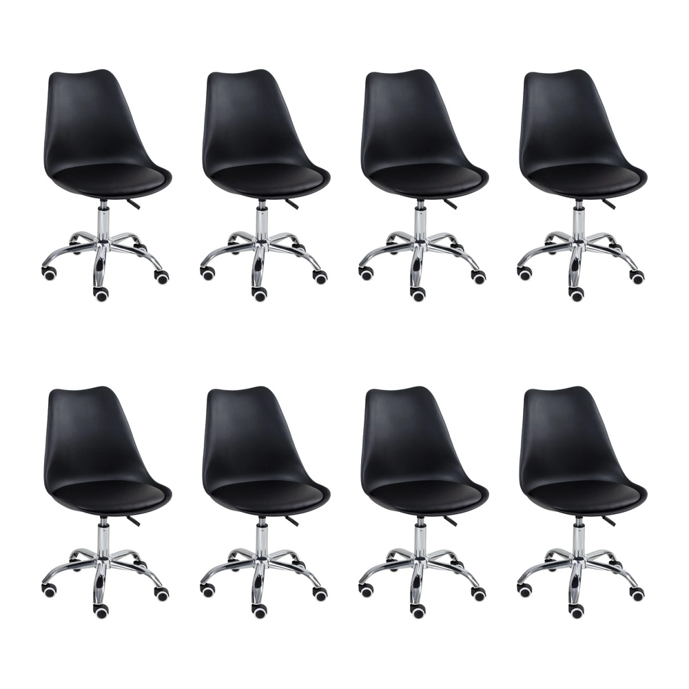 Kit com 8 Cadeiras Tulipa para Escritório com rodízios e assento estofado - Preto Kit com 8 Cadeiras Tulipa para Escritório com rodízios e assento estofado - Preto