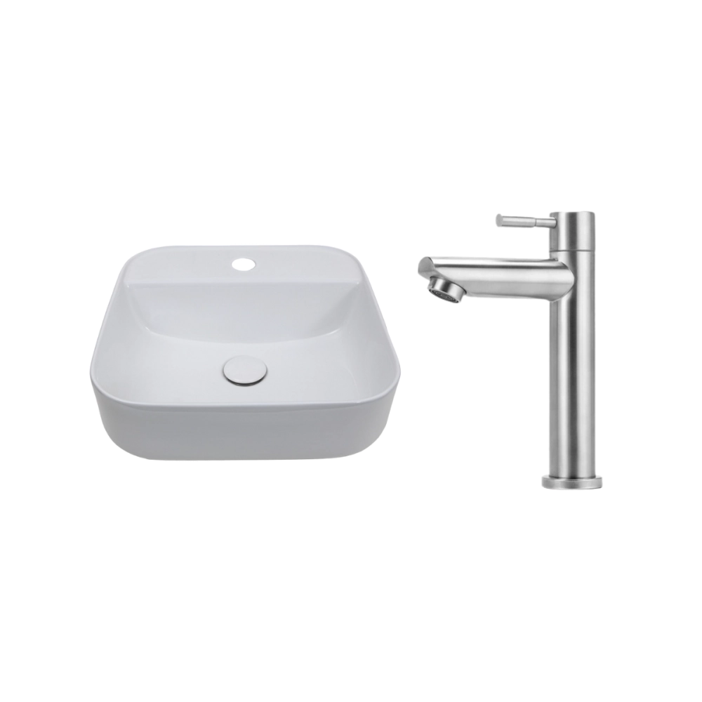 Kit Cuba de Apoio para Banheiro e Torneira Baixa em Aço Inox Amazonas Pingoo.casa - Branco e Prata