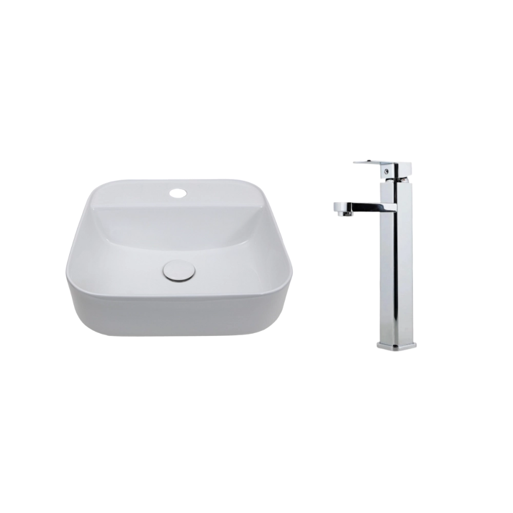 Kit Cuba de Apoio para Banheiro e Torneira Misturador Monocomando Alta Madeira Pingoo.casa - Branco e Prata Kit Cuba de Apoio para Banheiro e Torneira Misturador Monocomando Alta Madeira Pingoo.casa - Branco e Prata