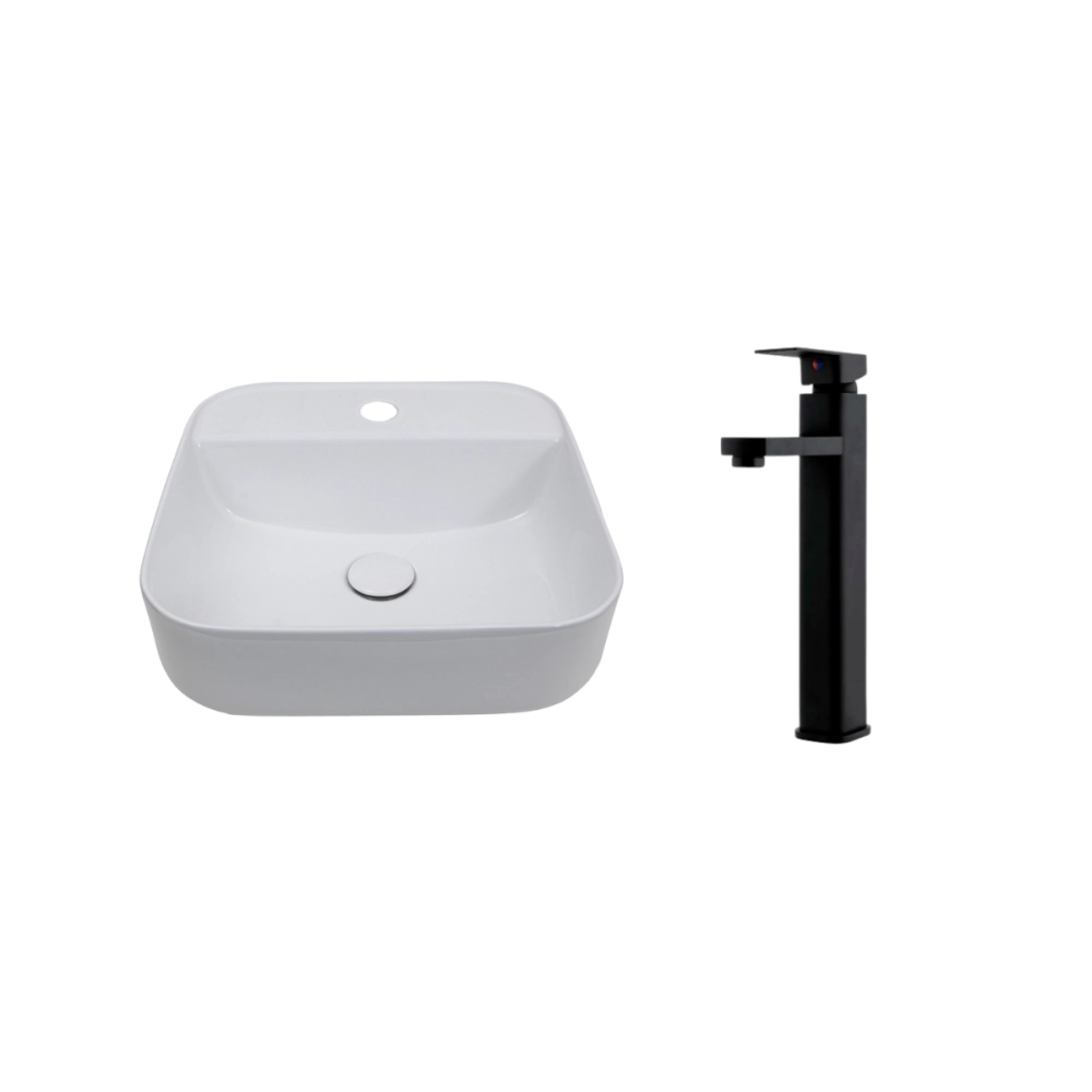 Kit Cuba de Apoio para Banheiro e Torneira Misturador Monocomando Alta Madeira Pingoo.casa - Branco e Preto Kit Cuba de Apoio para Banheiro e Torneira Misturador Monocomando Alta Madeira Pingoo.casa - Branco e Preto