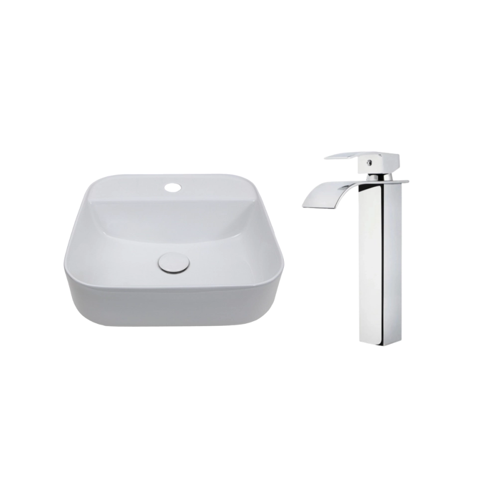 Kit Cuba de Apoio para Banheiro e Torneira Misturador Monocomando Alta Paraná Pingoo.casa - Branco e Prata Kit Cuba de Apoio para Banheiro e Torneira Misturador Monocomando Alta Paraná Pingoo.casa - Branco e Prata