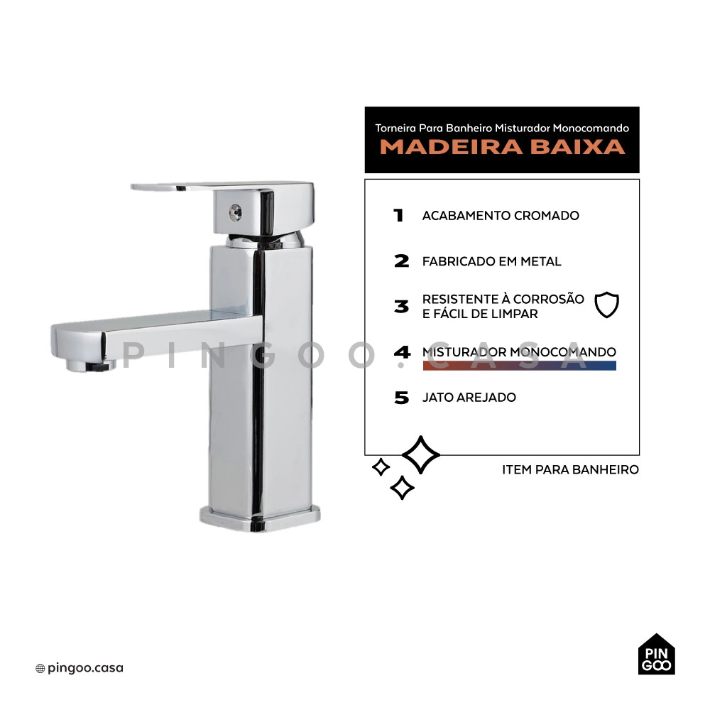 Kit Cuba de Apoio para Banheiro e Torneira Misturador Monocomando Baixa Madeira Pingoo.casa - Branco e Prata