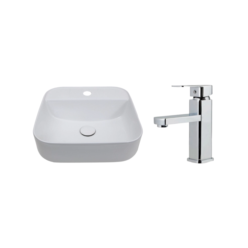 Kit Cuba de Apoio para Banheiro e Torneira Misturador Monocomando Baixa Madeira Pingoo.casa - Branco e Prata