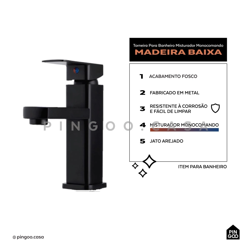 Kit Cuba de Apoio para Banheiro e Torneira Misturador Monocomando Baixa Madeira Pingoo.casa - Branco e Preto